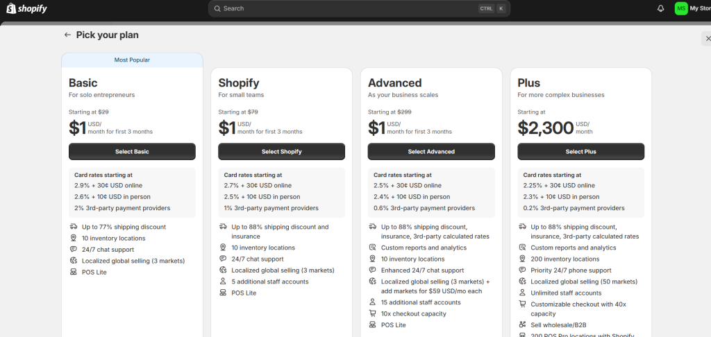 Select The Shopify Plan